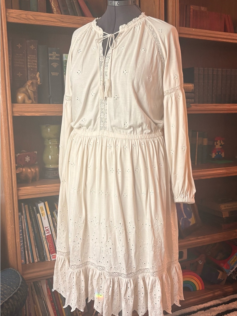 Ralph Lauren White Eyelet Long-Sleeve Tie-Neck Dress